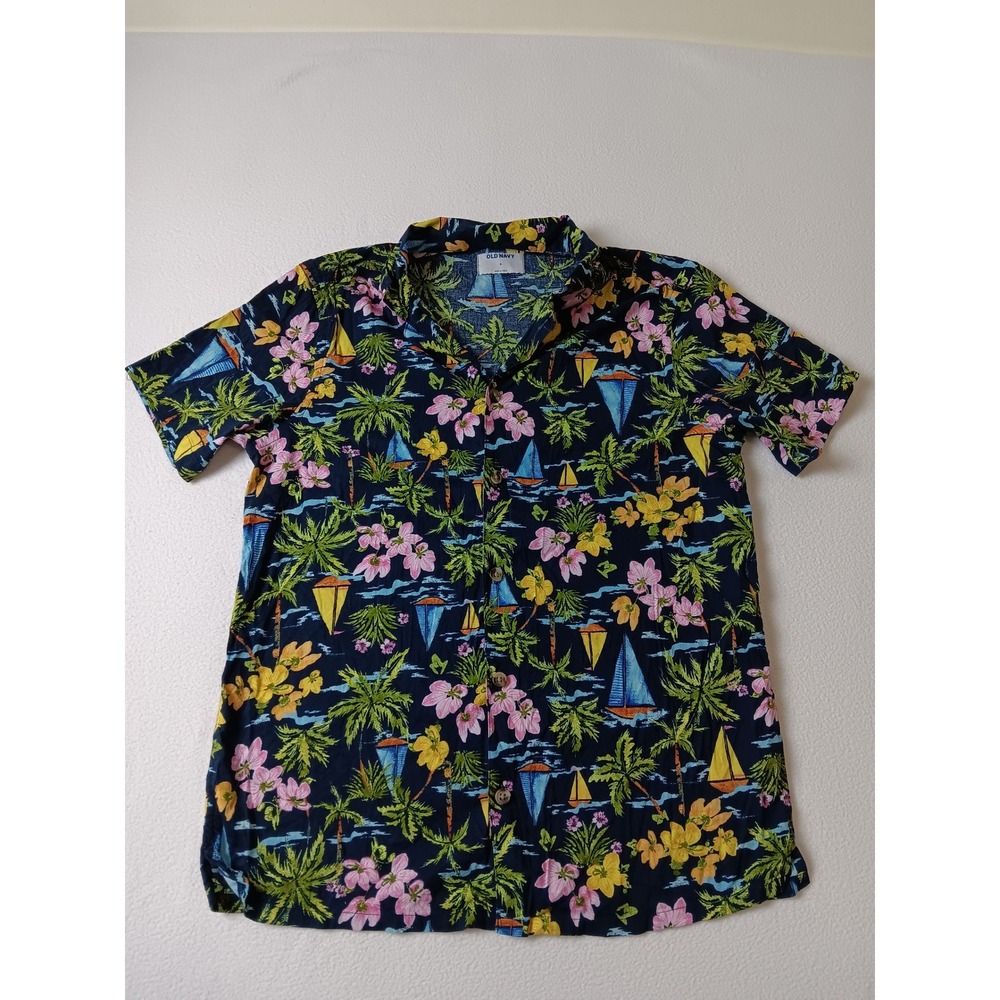 Old Navy Mens Small Tropical Sailboat Palm Tree Floral Button Up Shirt Navy Blue